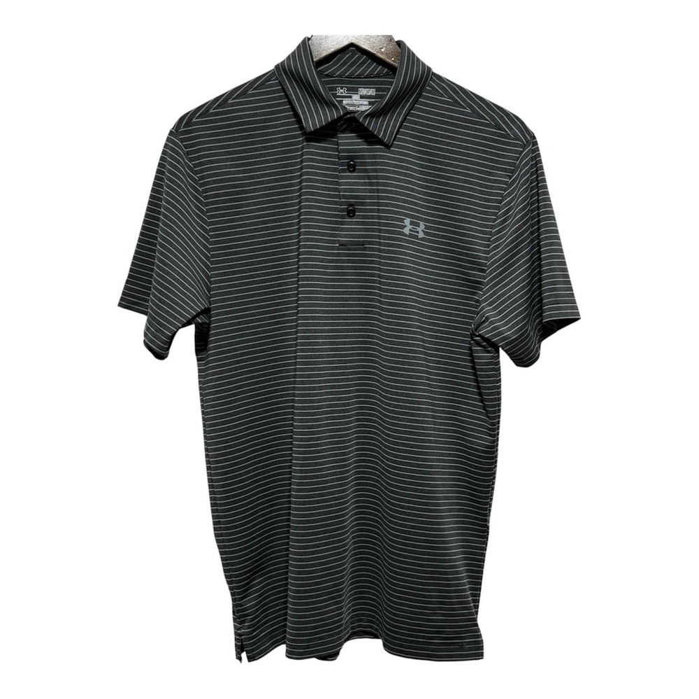 Under Armour Polo Shirt Mens M Gray Stripe Loose Short Sleeve Heat Gear